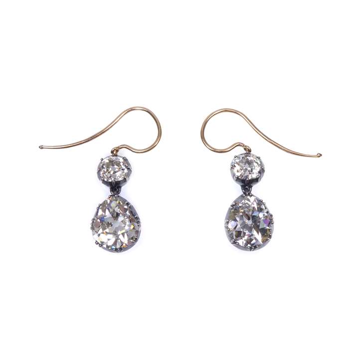 Pair of antique old pear and cushion cut diamond pendant earrings
